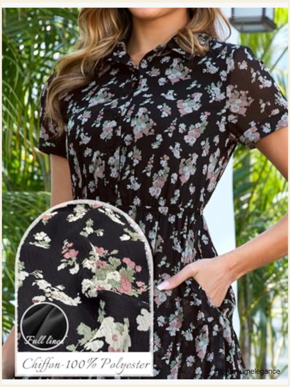 Floral Maxi Dress with Pockets, V-Neck, Tiered Skirt, Chiffon - Picture 6 of 7